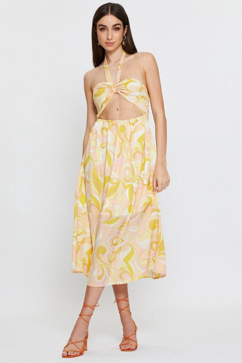 Abstract Print Maxi Dress Sleeveless Halter Neck
