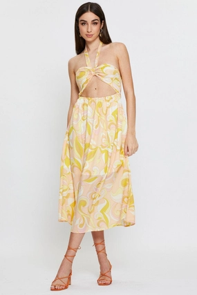 Abstract Print Maxi Dress Sleeveless Halter Neck