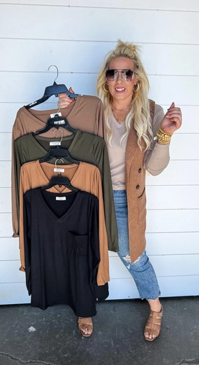 Basic Long Sleeve V-Neck Pocket Top