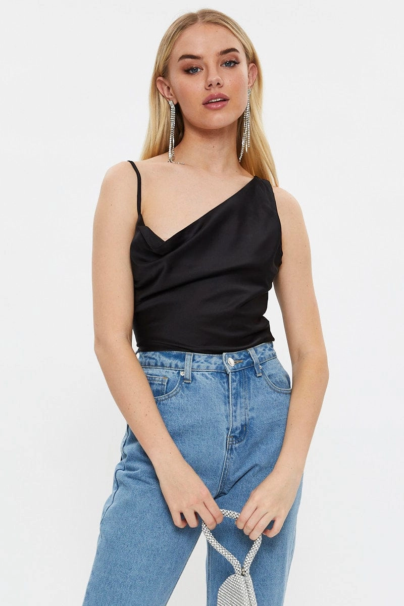 Black Designer Asymmetric Strap Cowl Neck Top