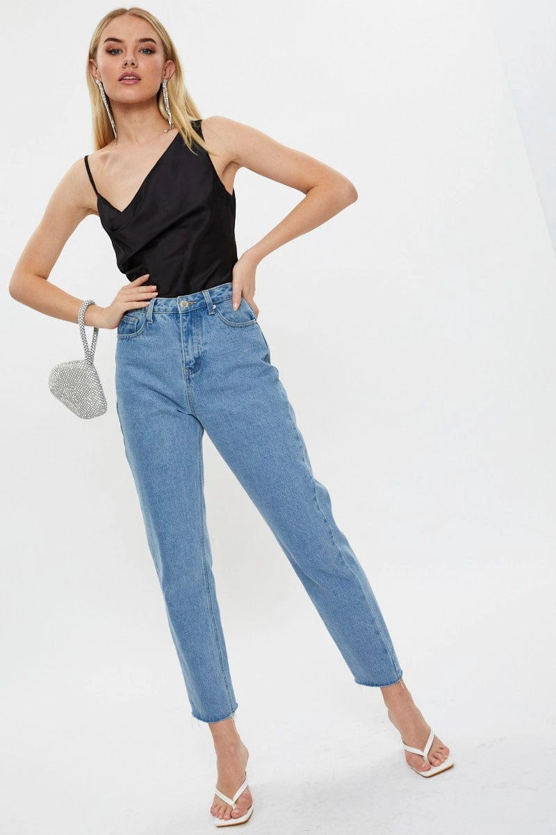 Black Designer Asymmetric Strap Cowl Neck Top