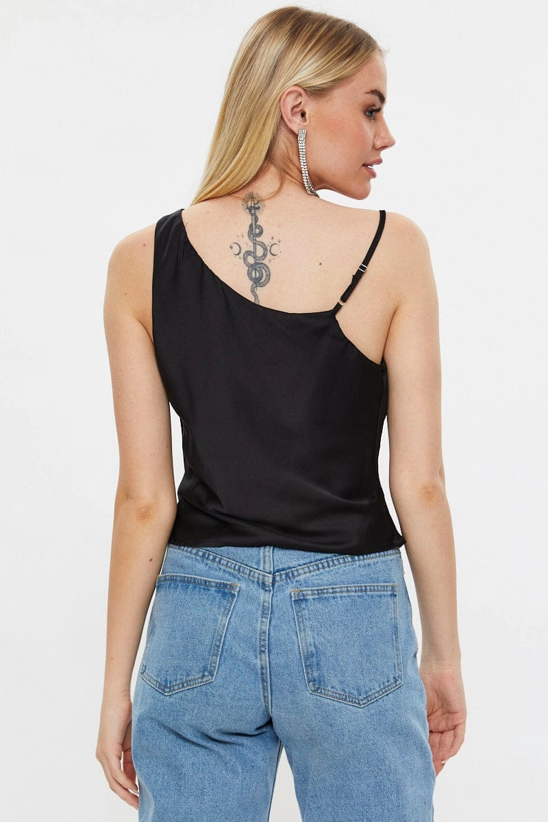 Black Designer Asymmetric Strap Cowl Neck Top