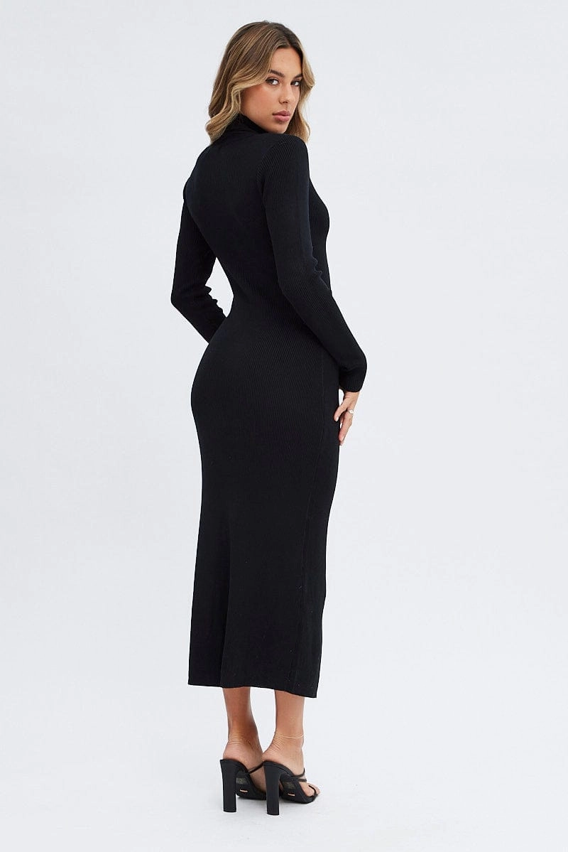 Black Knit Dress Long Sleeve High Neck Cut Out