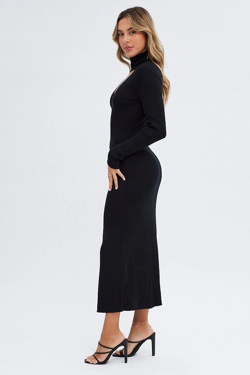 Black Knit Dress Long Sleeve High Neck Cut Out