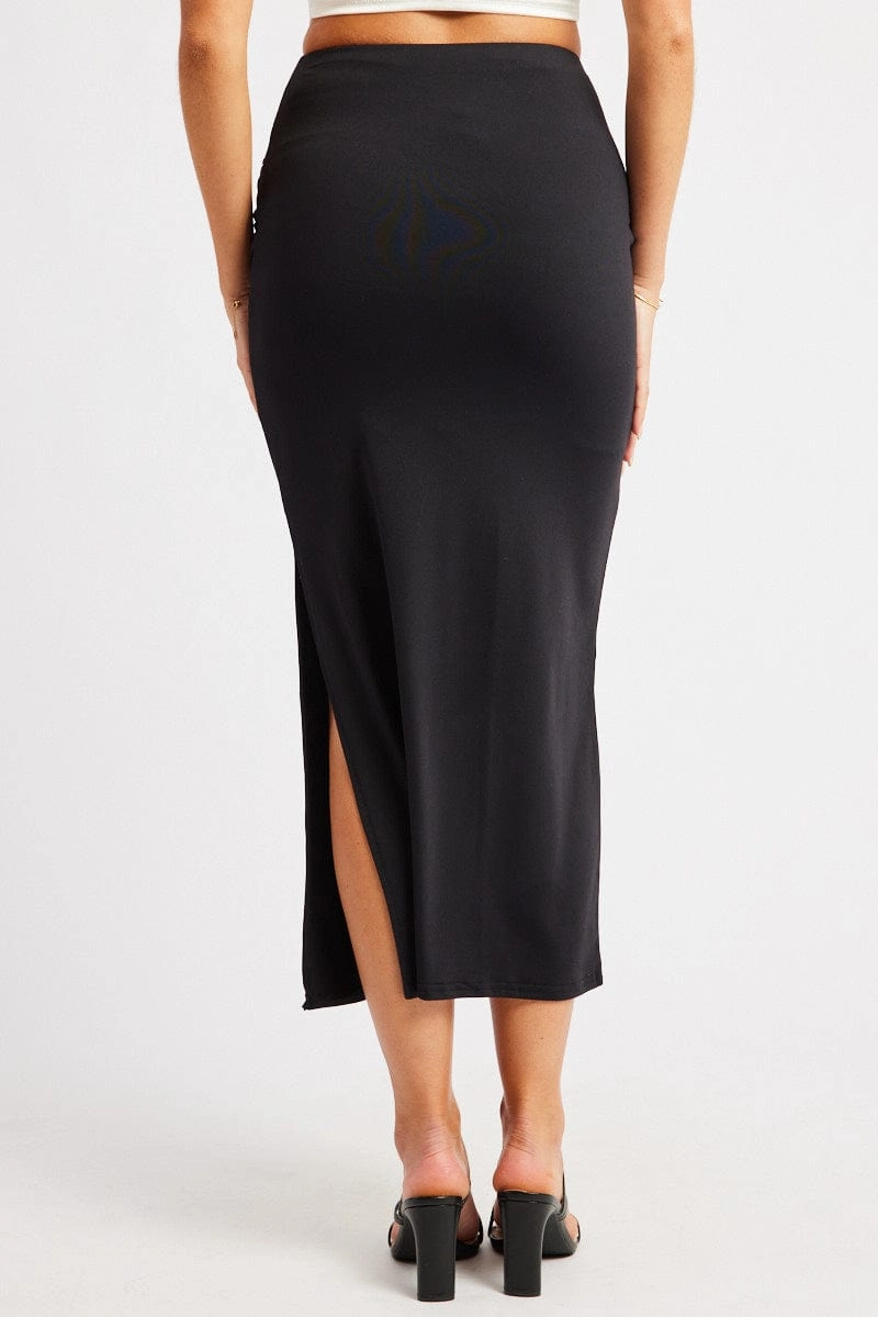 Black Midaxi Skirt High Rise Ruched Lined Supersoft