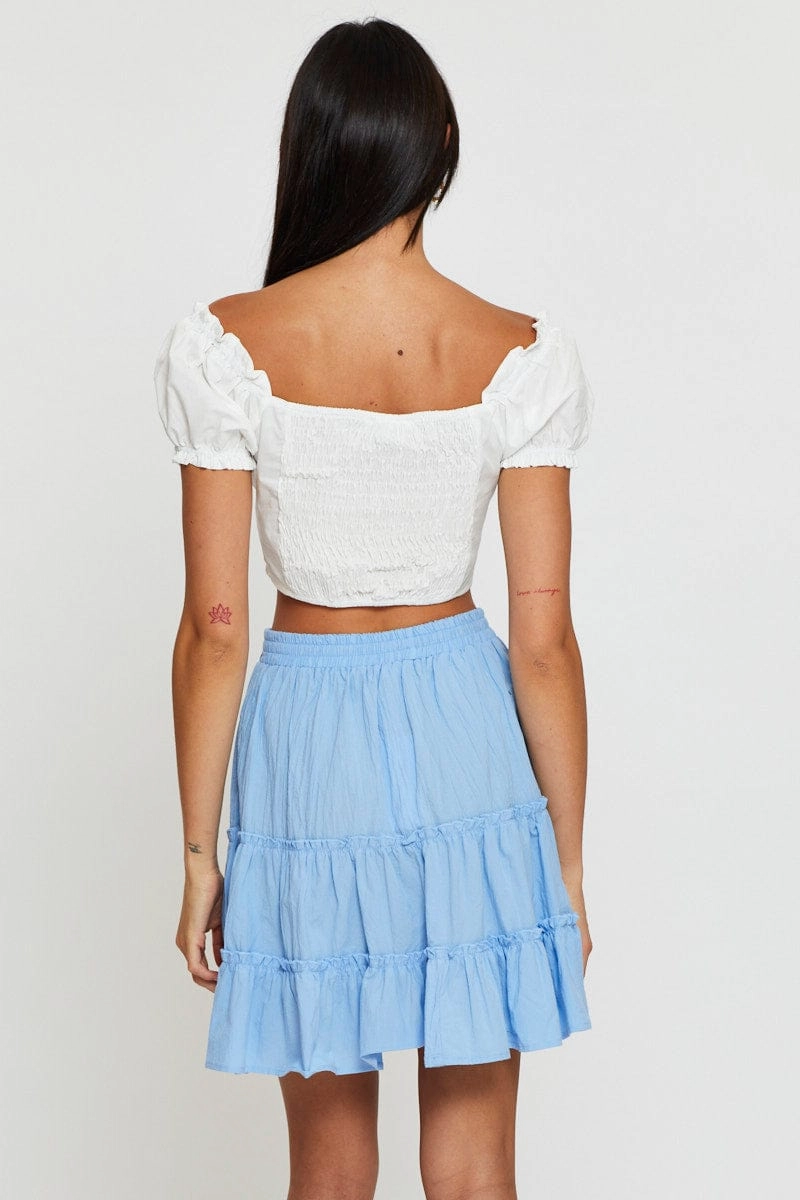 Blue Elastic Waist Frill Hem Skater Skirt