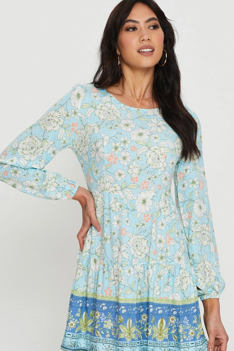 Boho Print Mini Dress Long Sleeve
