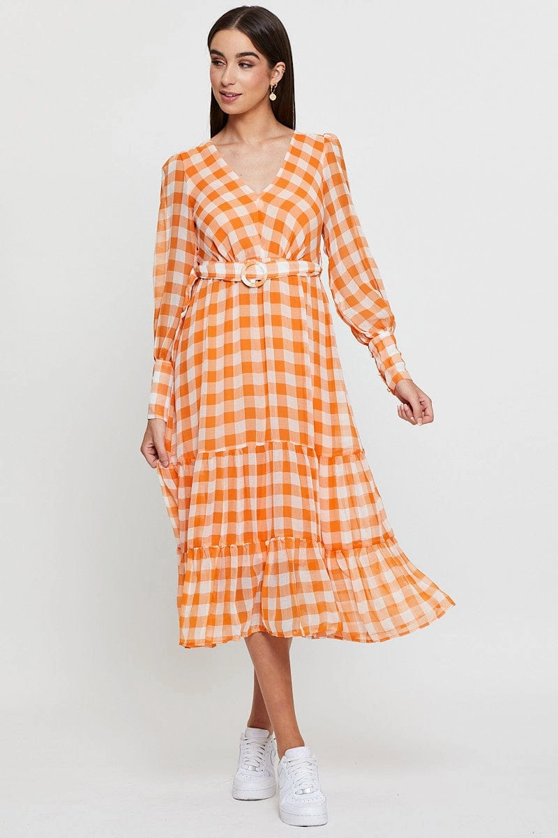 Check Dress Long Sleeve Maxi