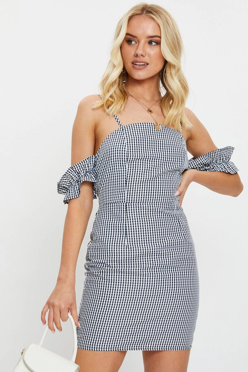 Check Gingham Off Shoulder Mini Dress