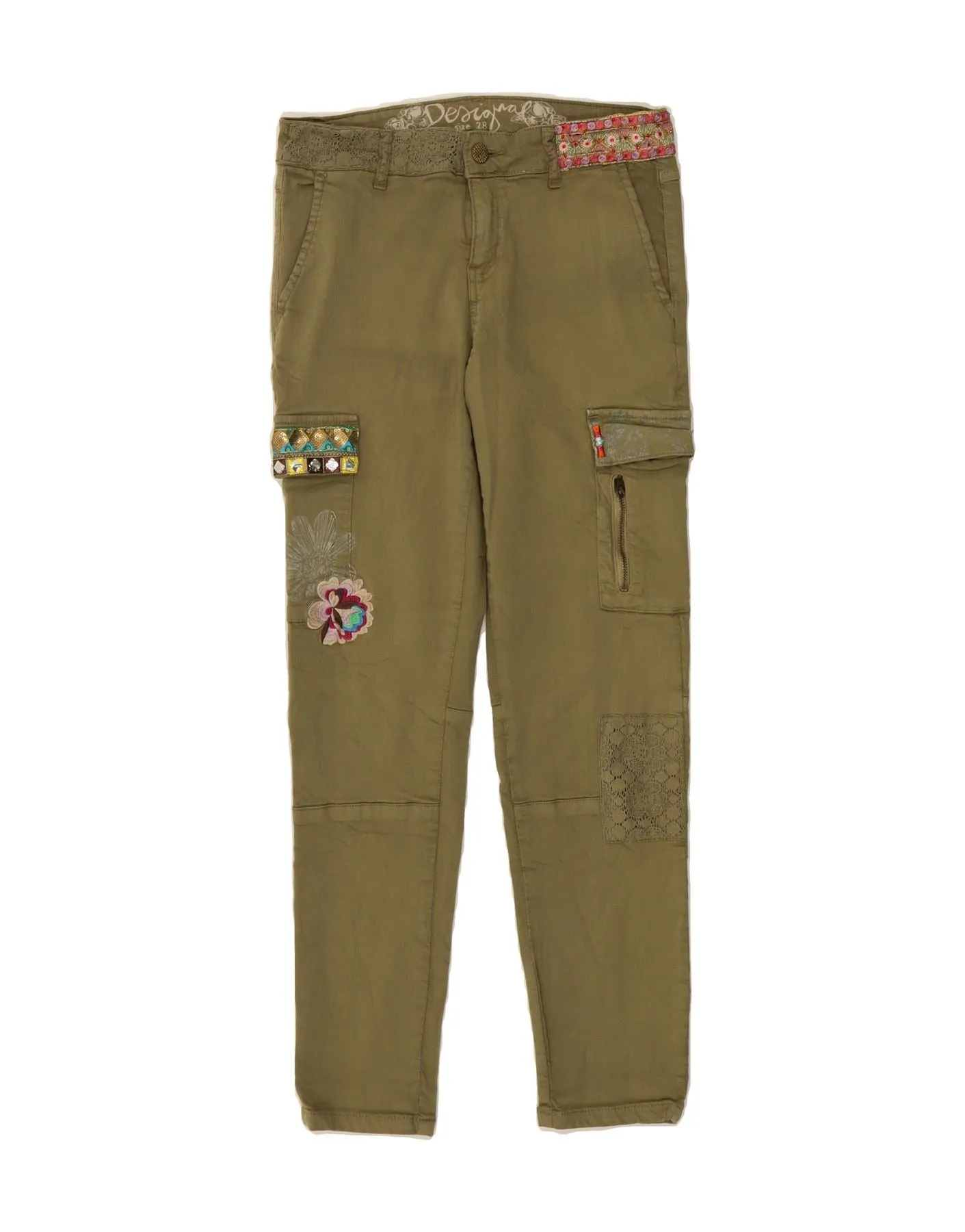 DESIGUAL Womens Slim Cargo Trousers W28 L28 Khaki Floral