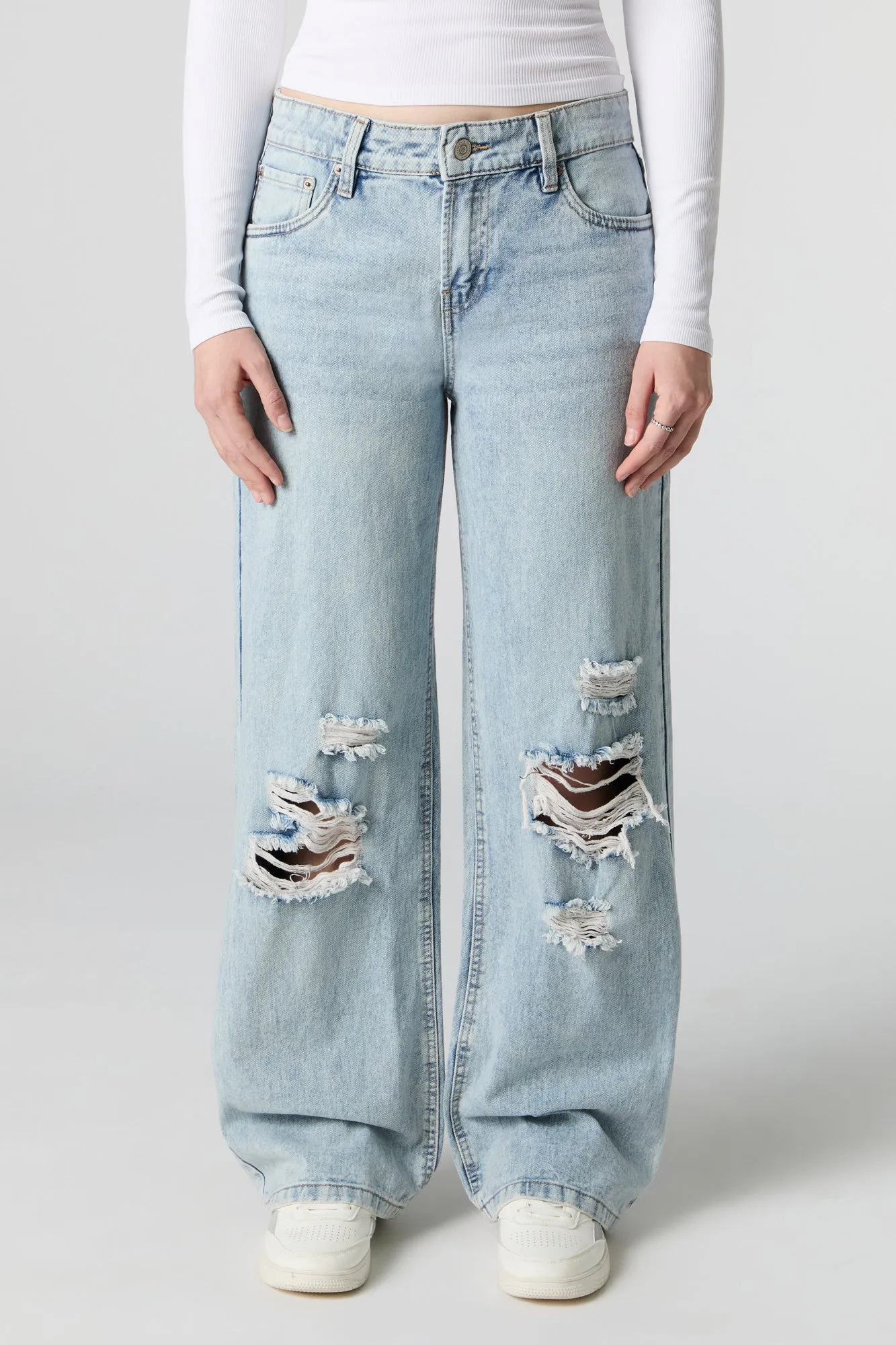 Distressed Light Wash Low Rise Wide Leg Jean
