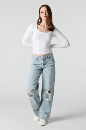 Distressed Light Wash Low Rise Wide Leg Jean