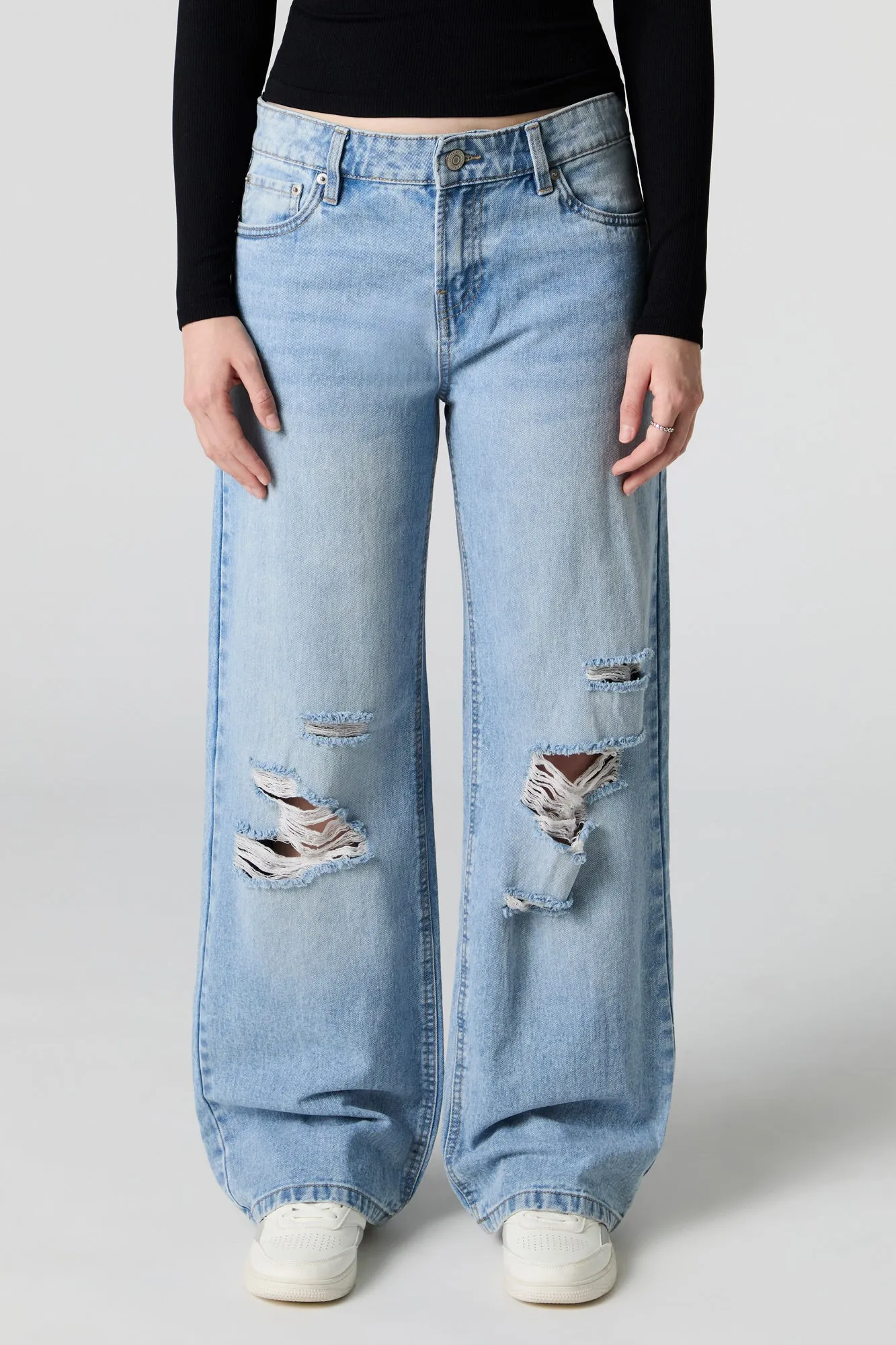 Distressed Medium Wash Low Rise Wide Leg Jean
