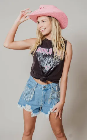 Frayed Rhinestone Denim Shorts - Final Sale*