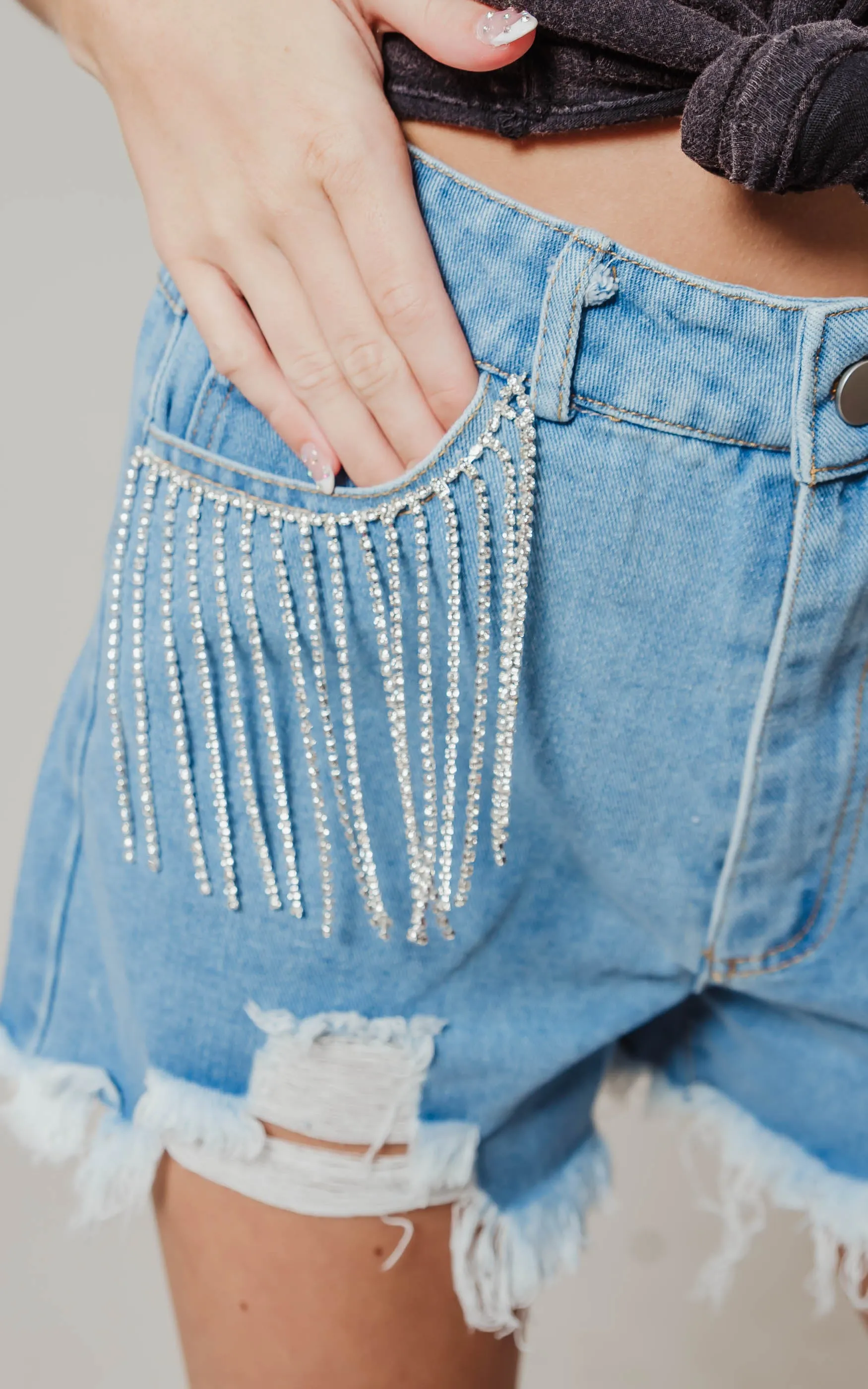 Frayed Rhinestone Denim Shorts - Final Sale*