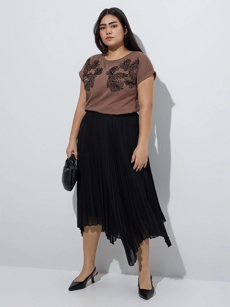 Gia Brown Leaf Design Cotton T-Shirt