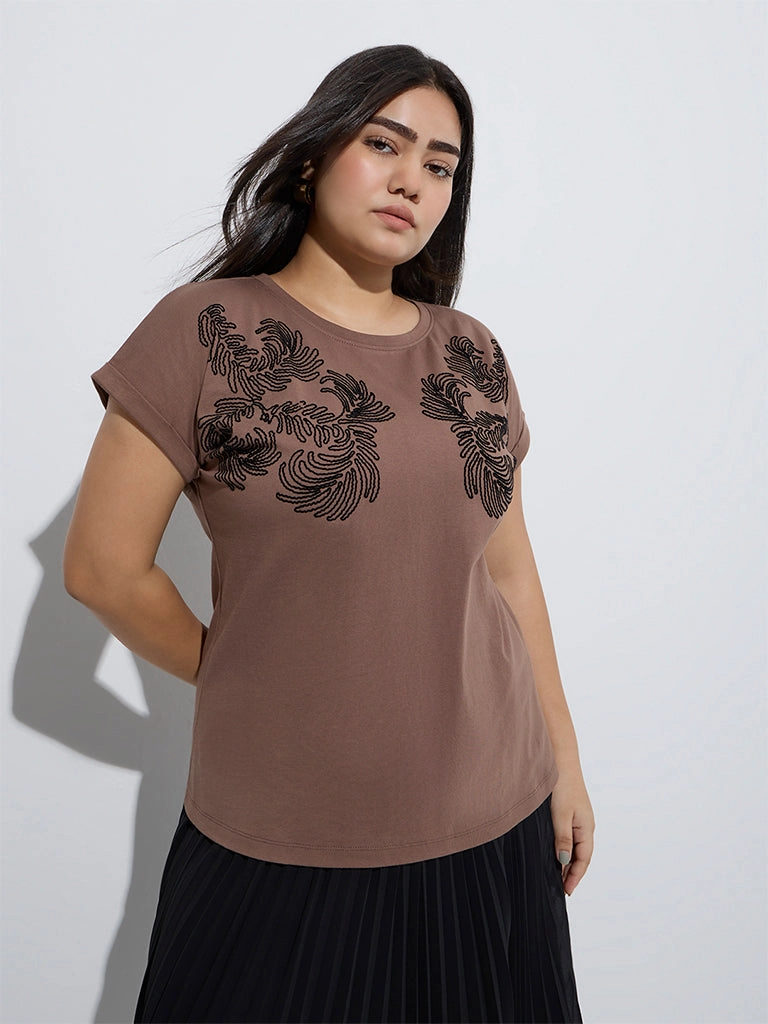 Gia Brown Leaf Design Cotton T-Shirt