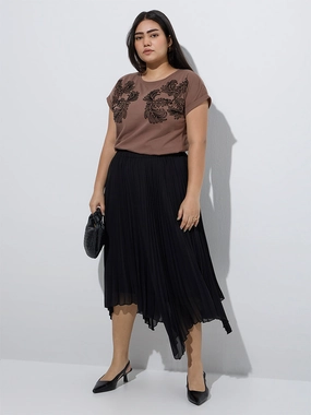 Gia Brown Leaf Design Cotton T-Shirt