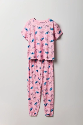 Girls Angel & Stitch Print T-Shirt & Pant 2 Piece Licensed Casual Set