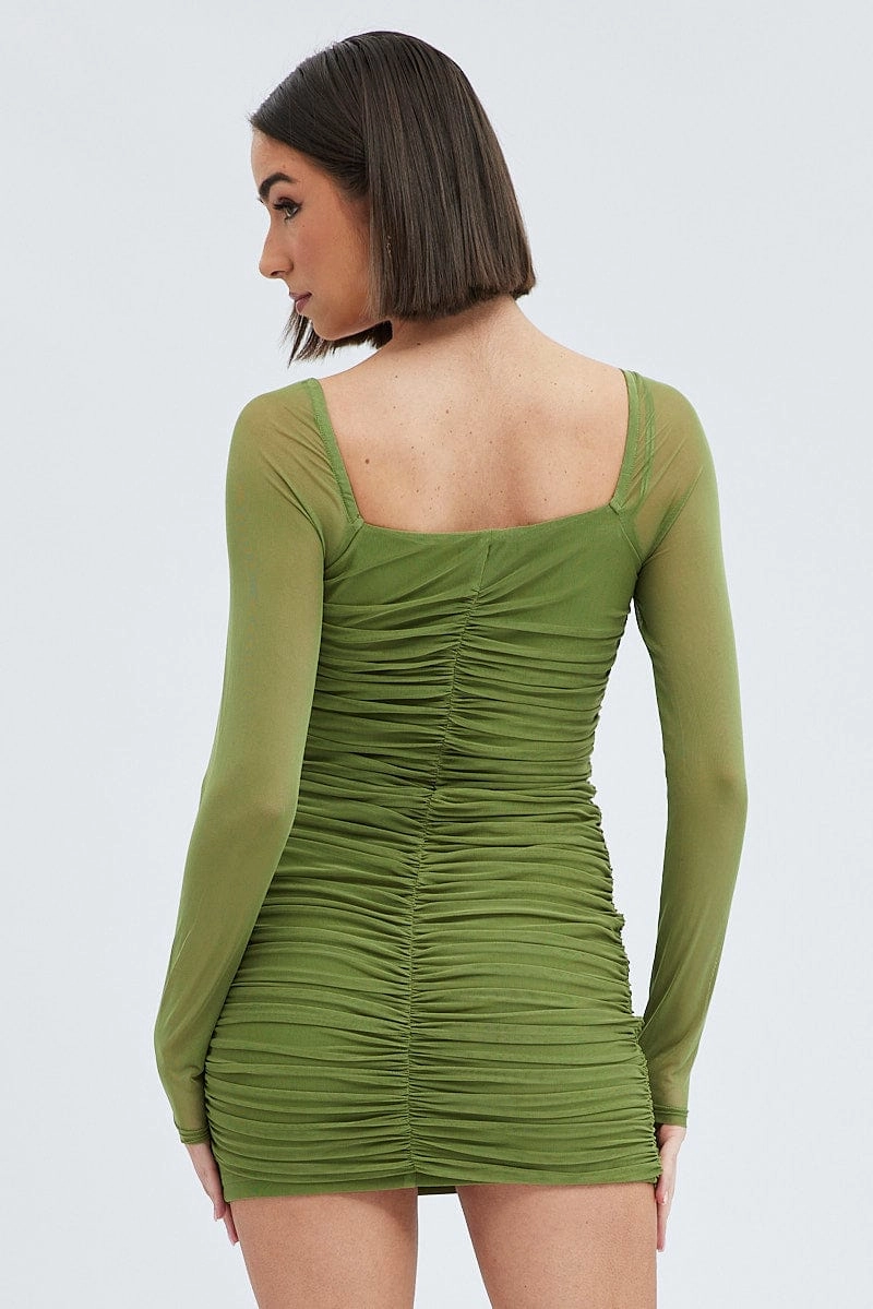 Green Bodycon Dress Corset Detail Mesh