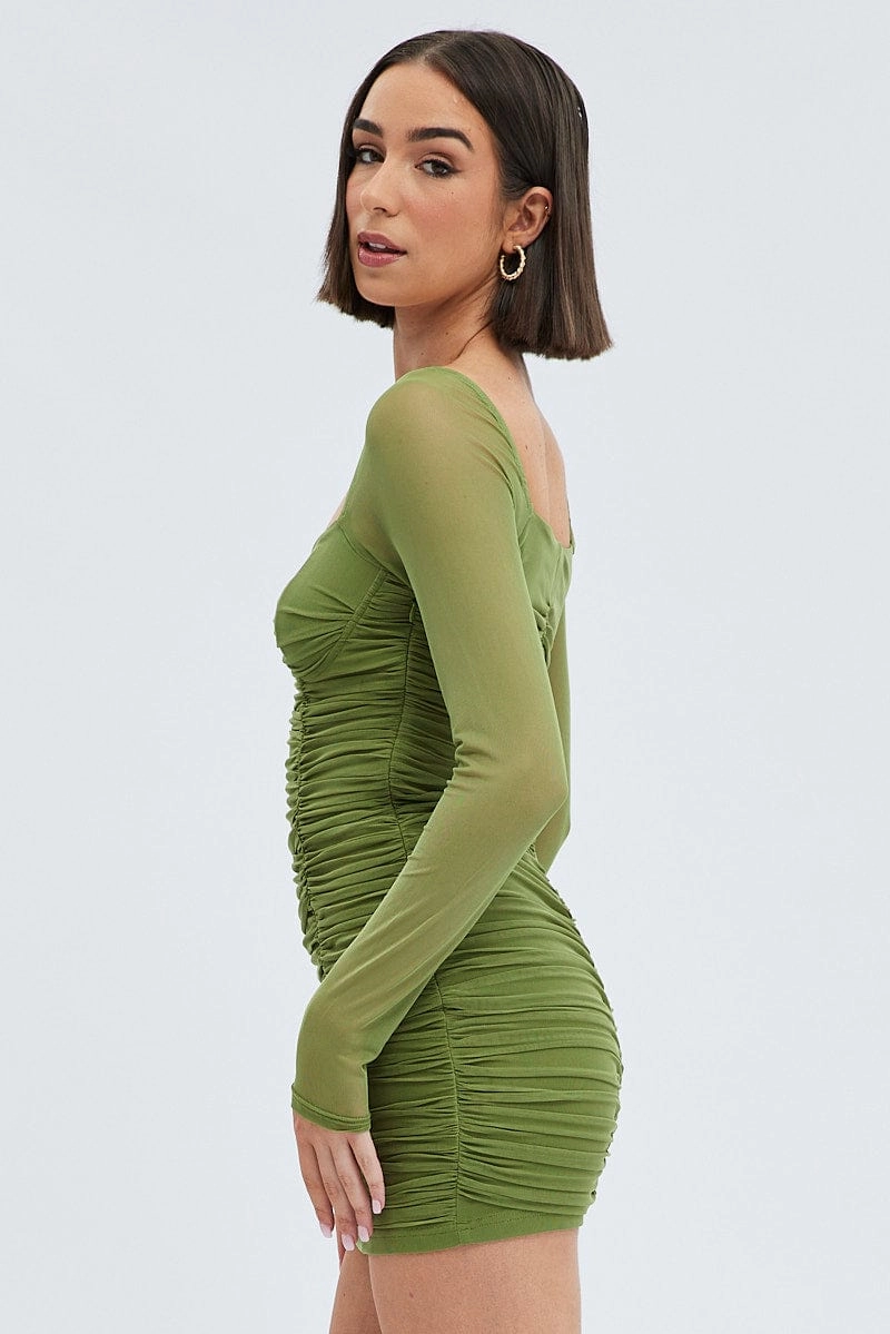 Green Bodycon Dress Corset Detail Mesh
