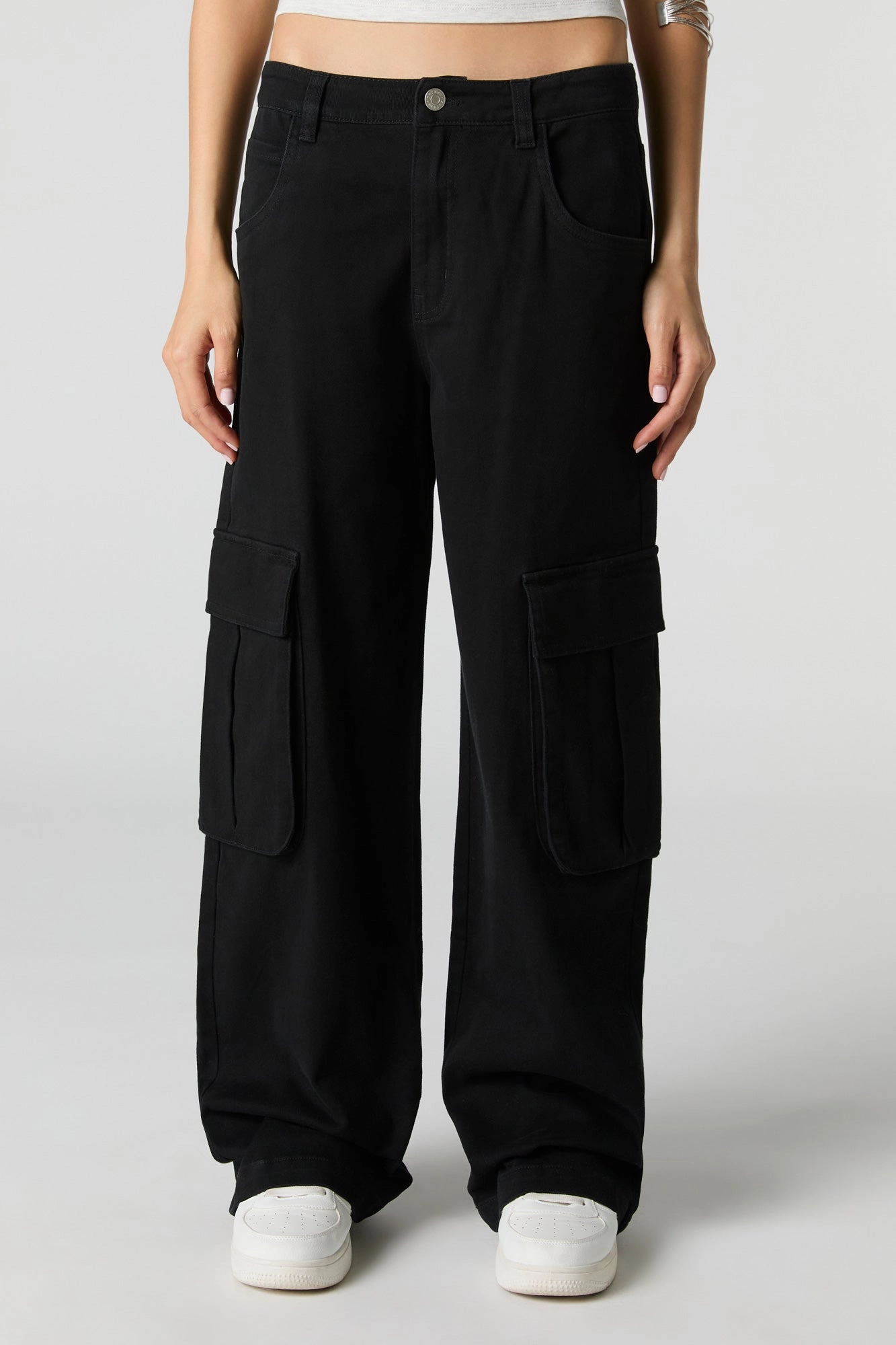 Jean à taille basse cargo baggy en denim extensible