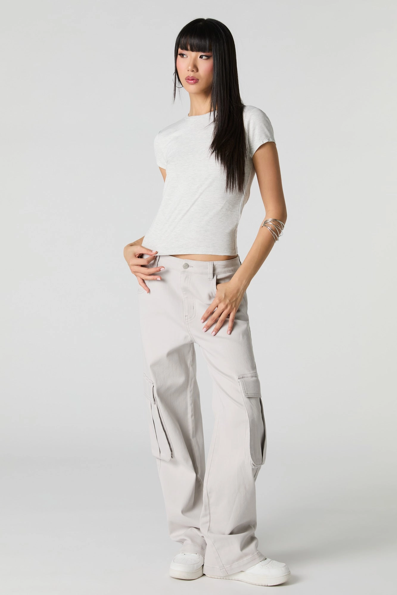 Jean à taille basse cargo baggy en denim extensible