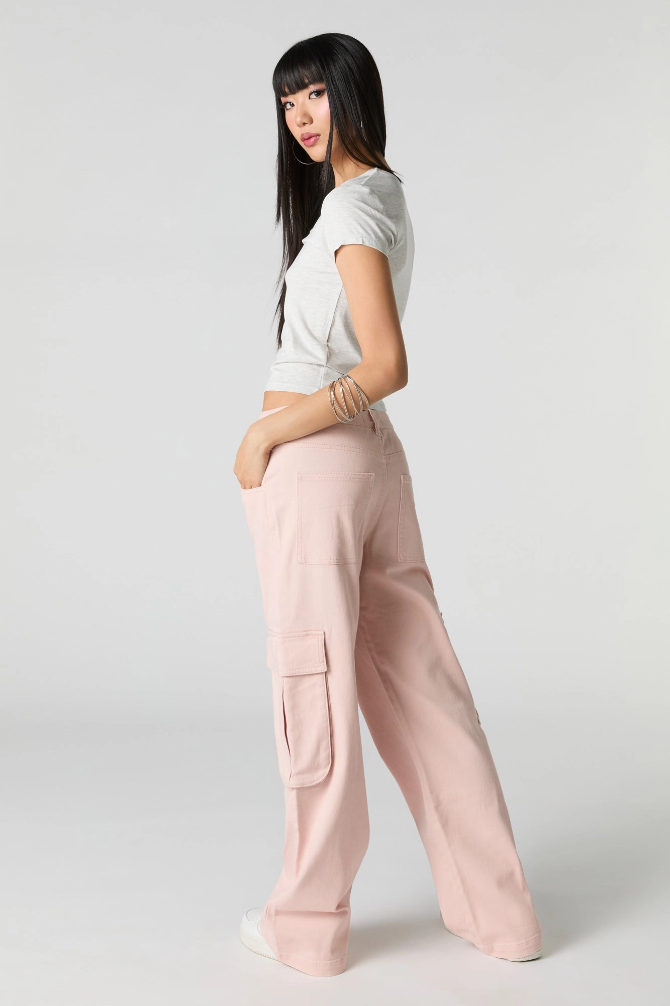 Jean à taille basse cargo baggy en denim extensible