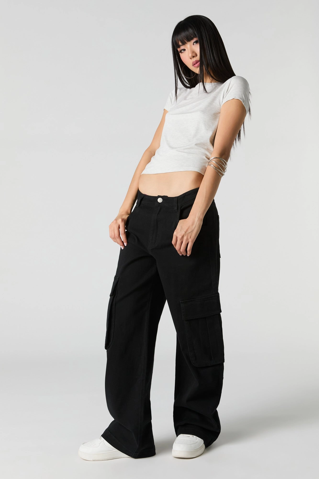 Jean à taille basse cargo baggy en denim extensible