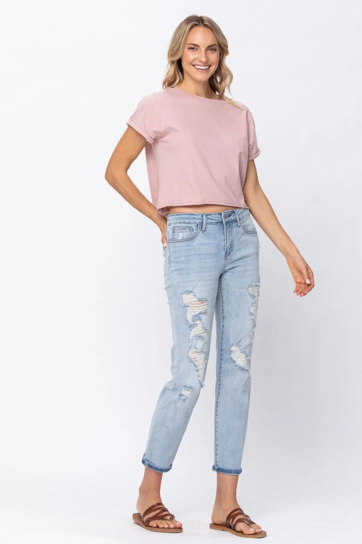 Judy Blue Full Size Destroyed Mid-Rise Boyfriend Jeans