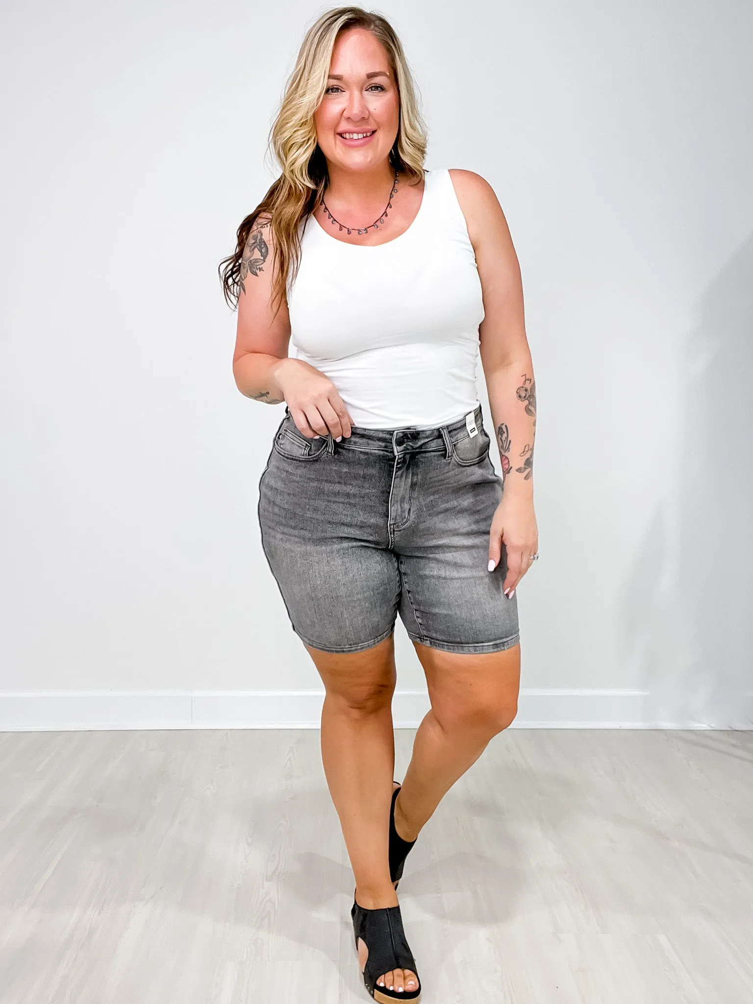 Judy Blue SUTTON Mid Rise Contrast Wash Grey Bermuda Denim Shorts