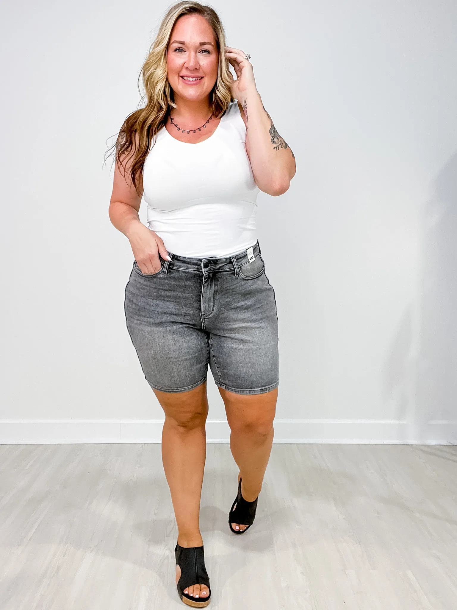 Judy Blue SUTTON Mid Rise Contrast Wash Grey Bermuda Denim Shorts