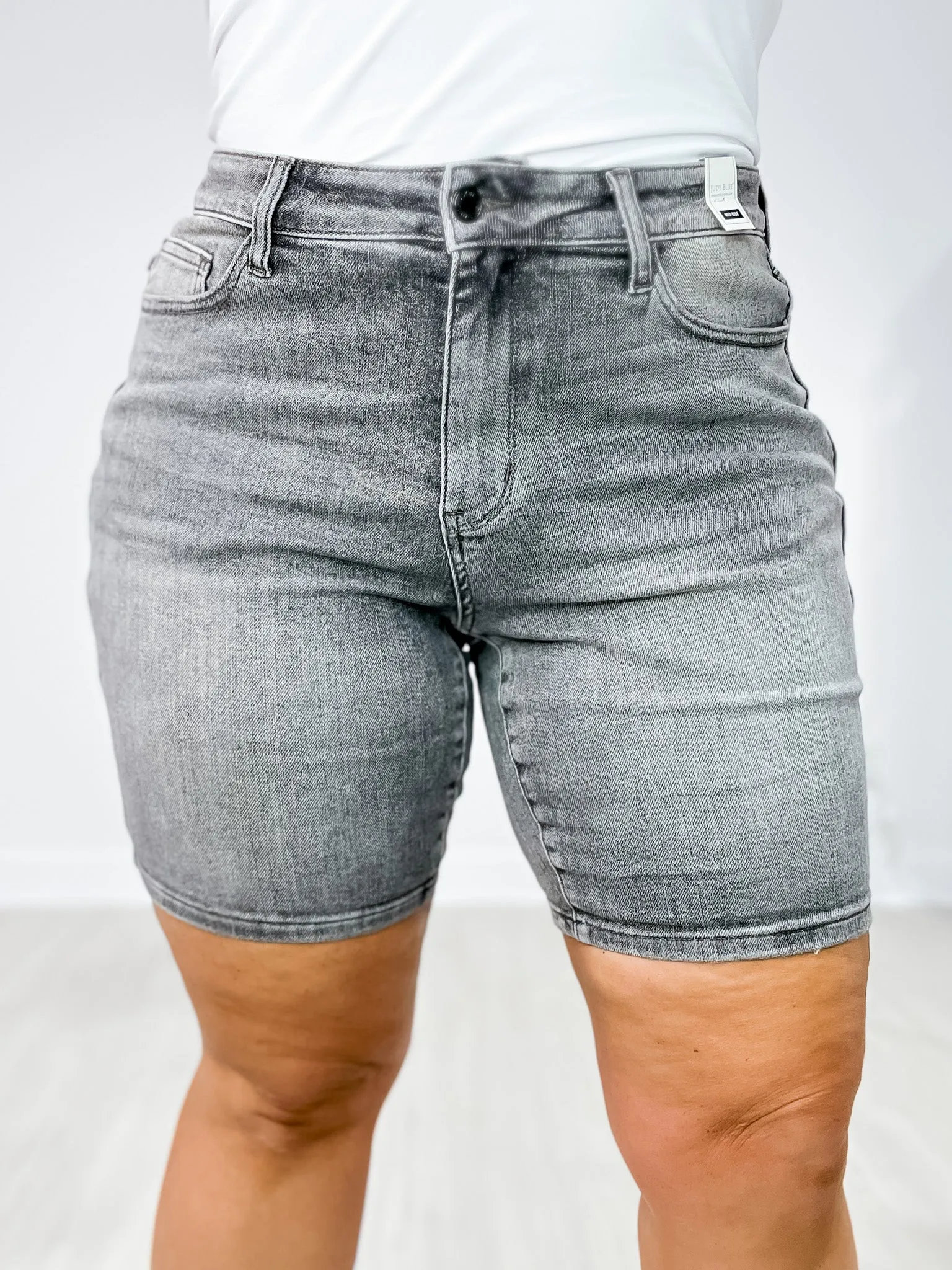 Judy Blue SUTTON Mid Rise Contrast Wash Grey Bermuda Denim Shorts