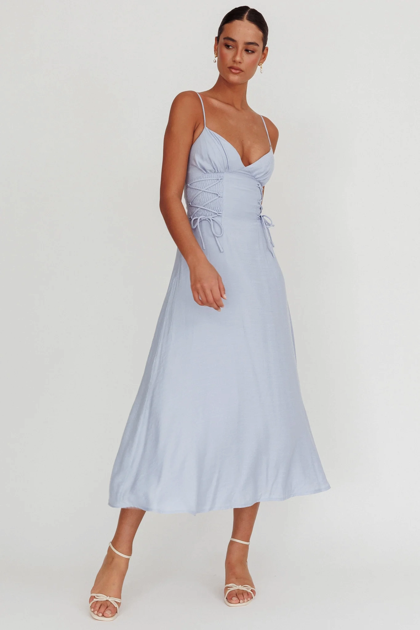 Kalaya Lace-Up Waist Midi Dress Light Blue