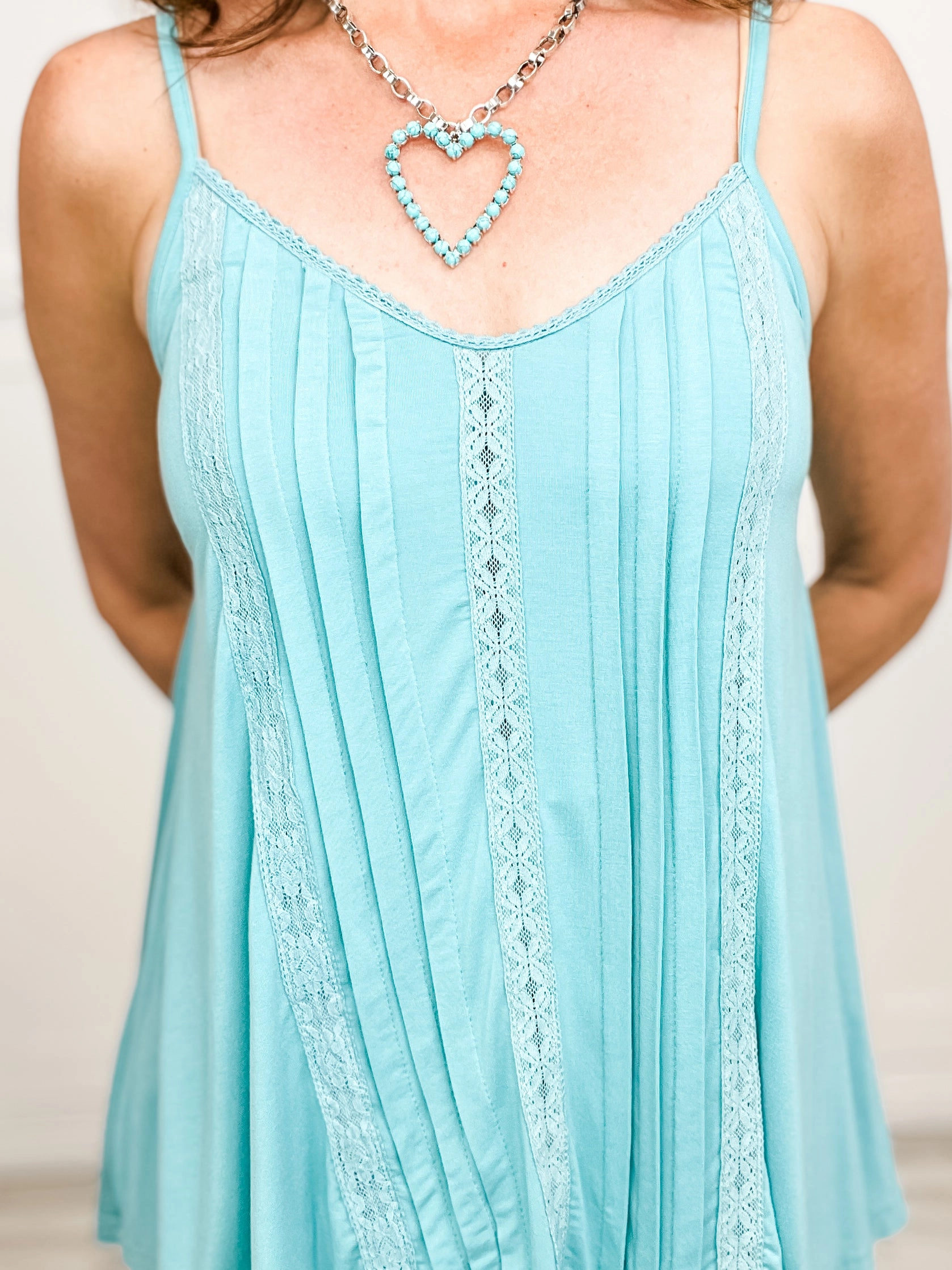 Lacey Elegance Pintuck Detail V-Neck Lace Spaghetti Strap Top