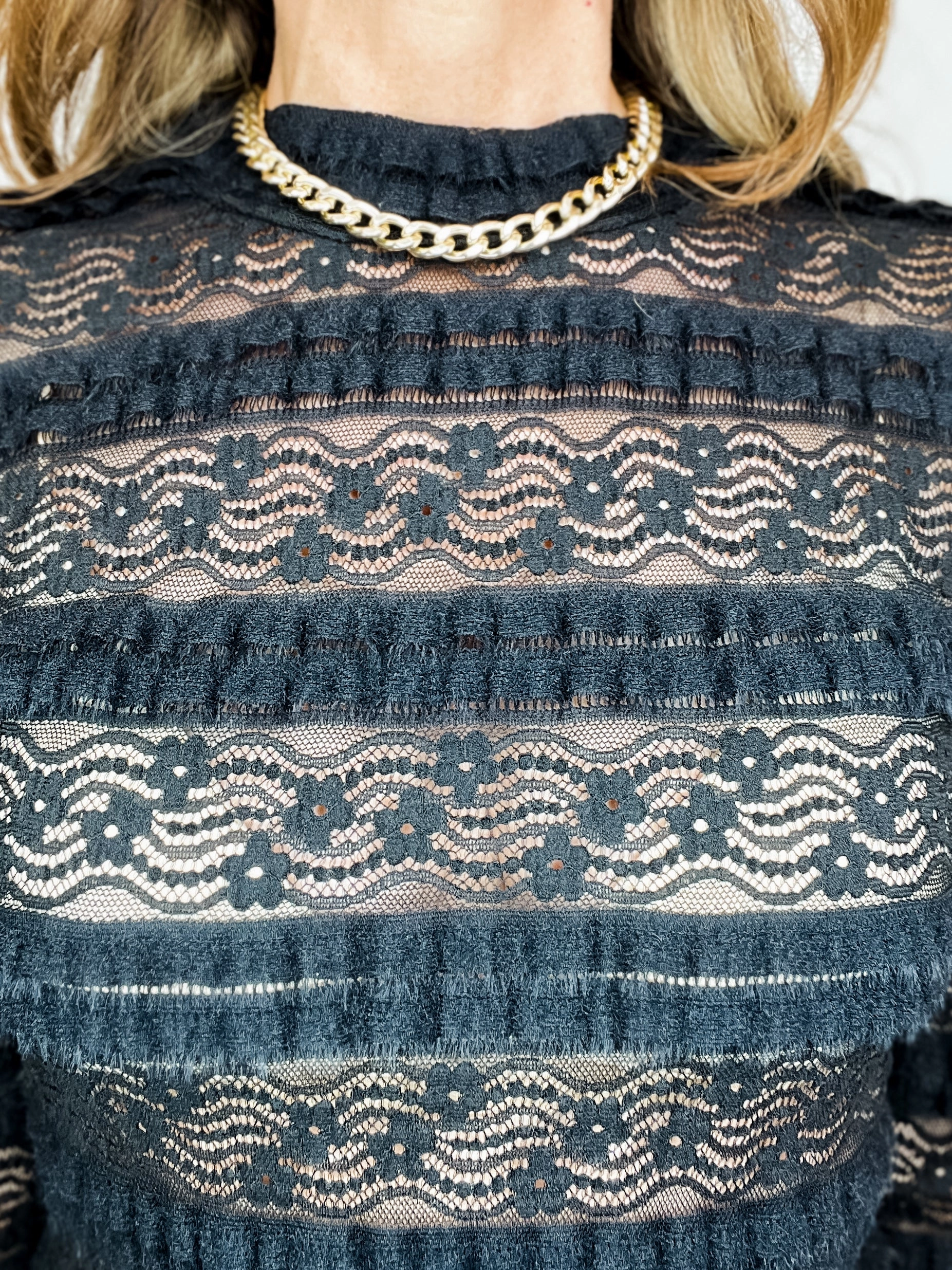 Long Sleeve Solid Knit Top with Lace Detail