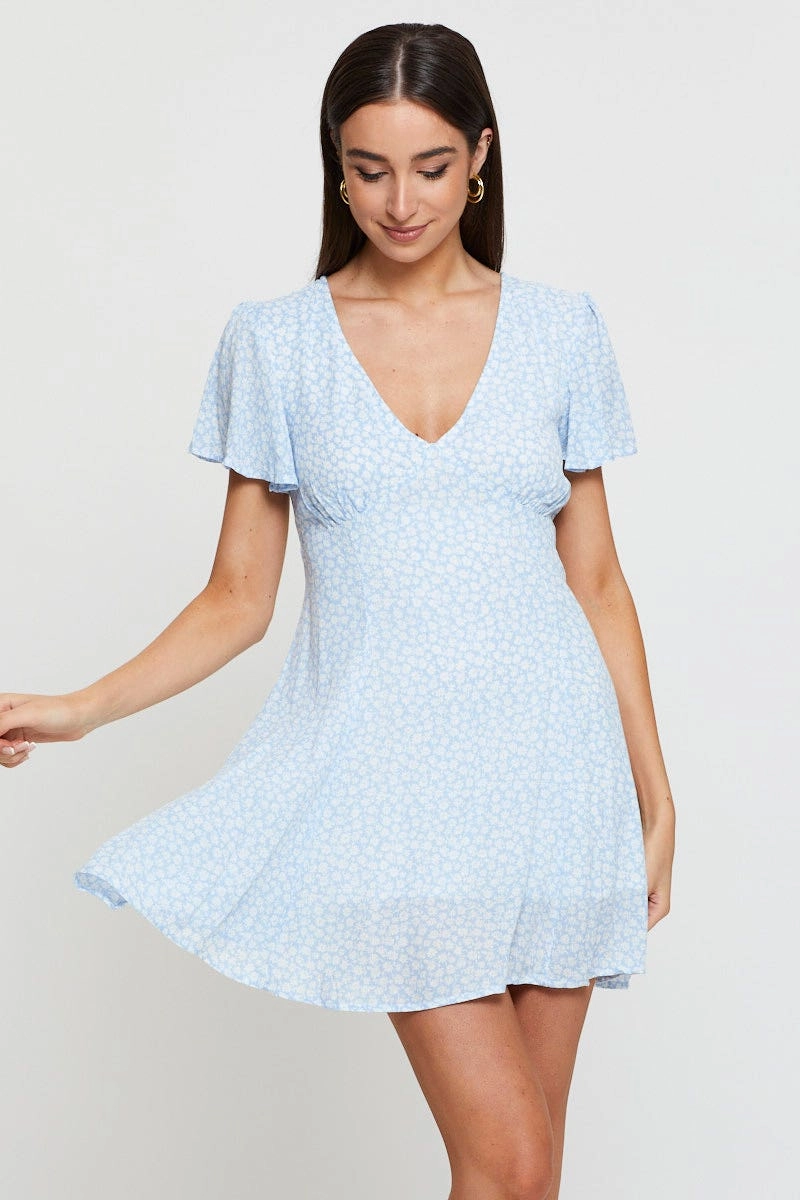 Print Fit And Flare Dress Short Sleeve V Neck