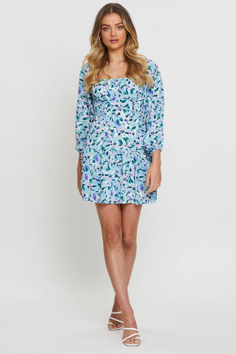 Print Mini Dress Square Neck