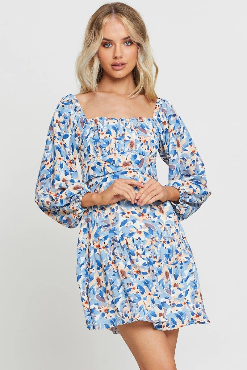 Print Mini Dress Square Neck