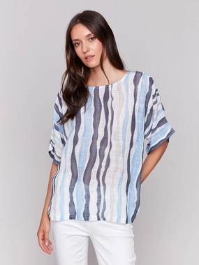Printed Cotton Gauze Dolman Blouse - Surf