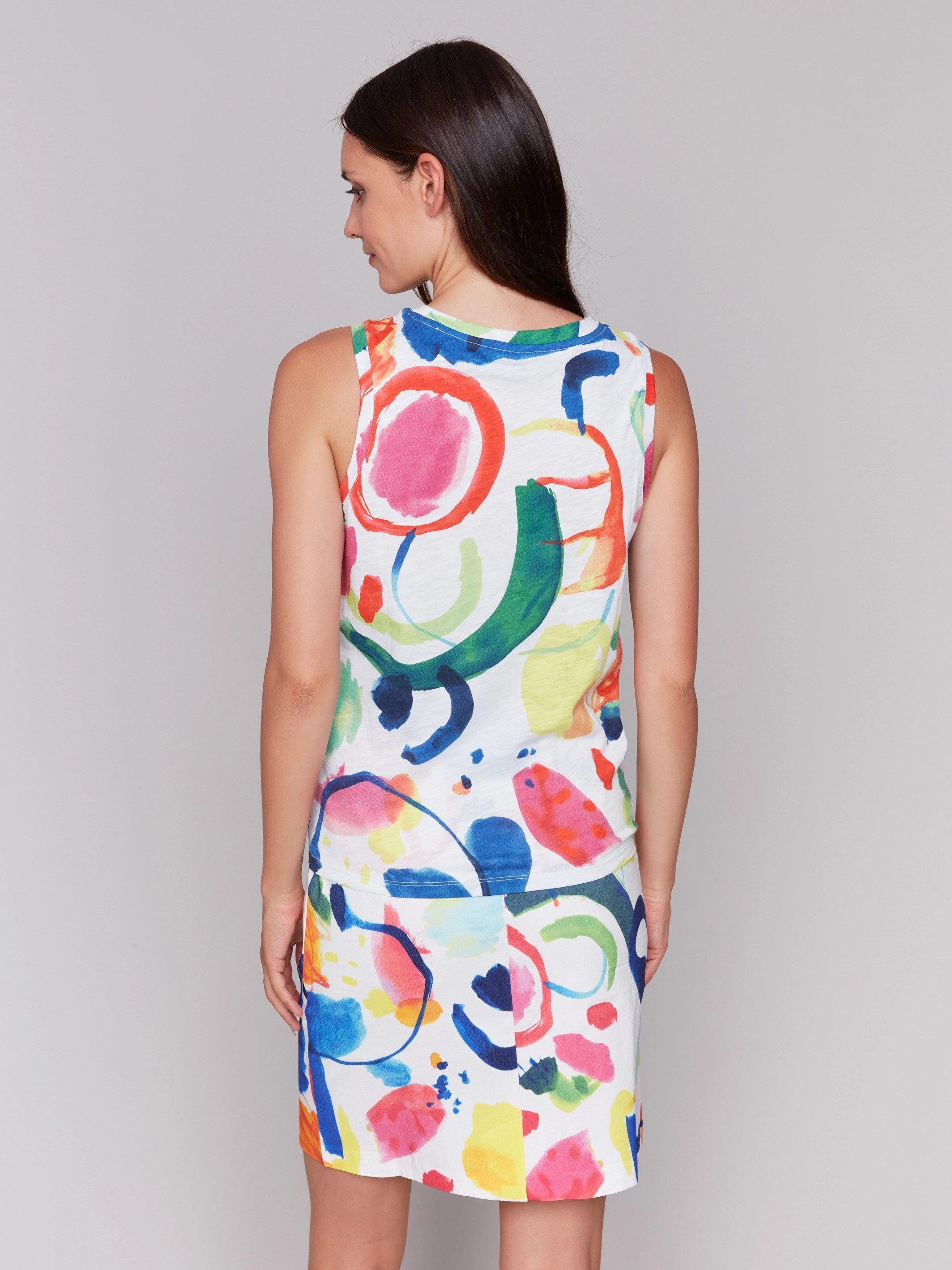 Printed Cotton Slub Tank Top with Knot Detail - Abstract