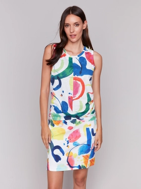 Printed Cotton Slub Tank Top with Knot Detail - Abstract