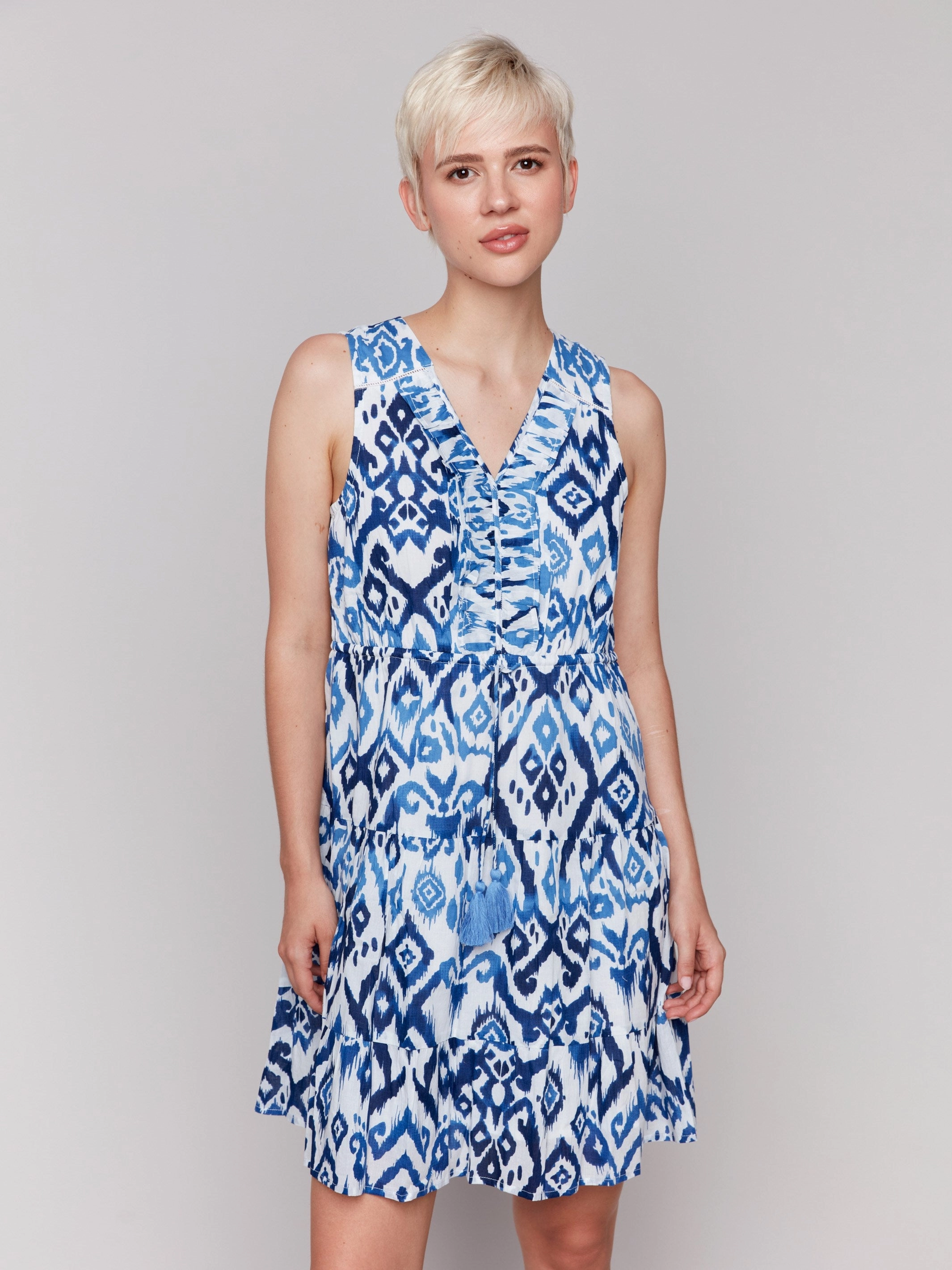 Printed Sleeveless Cotton Ruffle Dress - Ikat