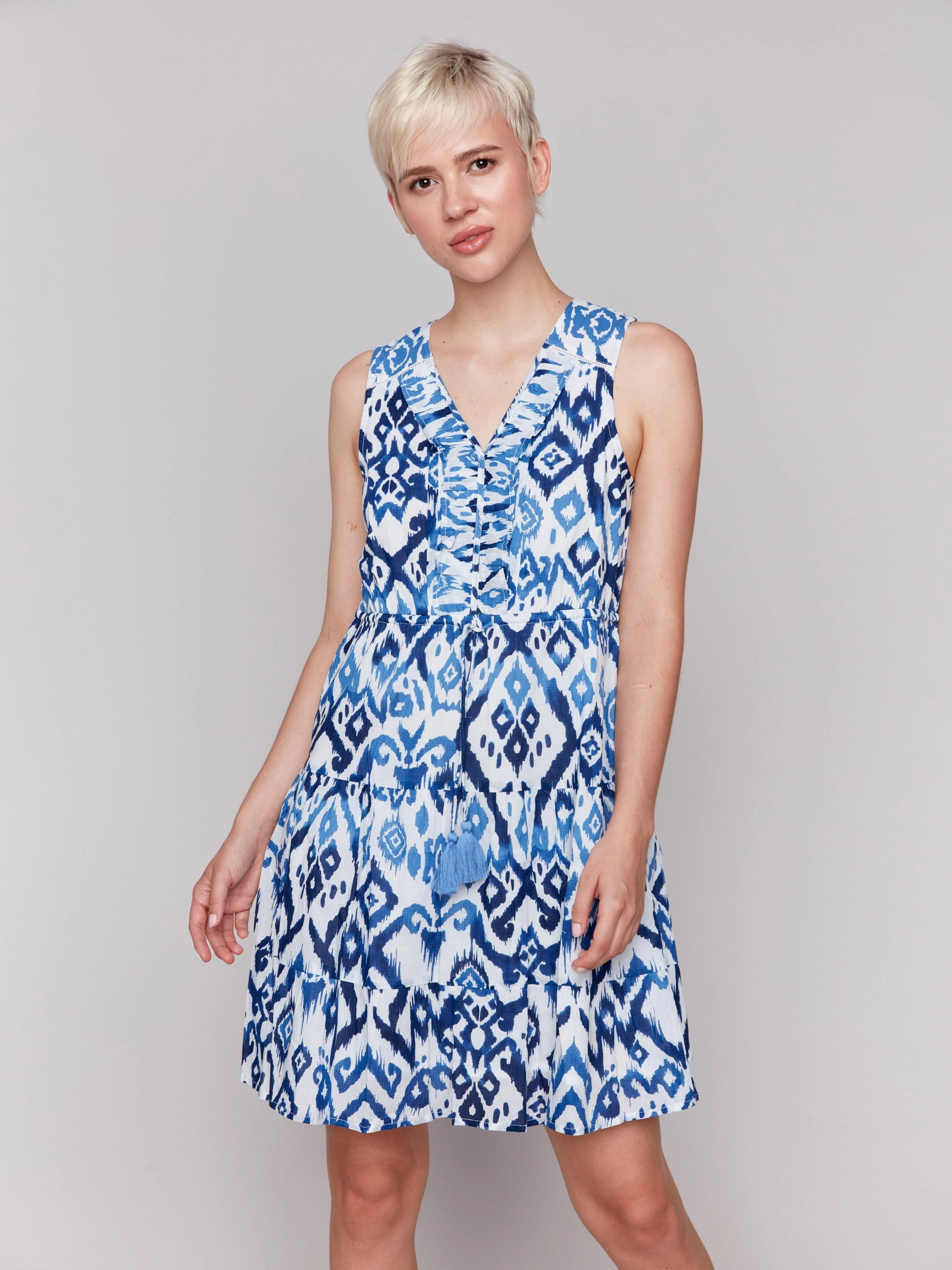 Printed Sleeveless Cotton Ruffle Dress - Ikat