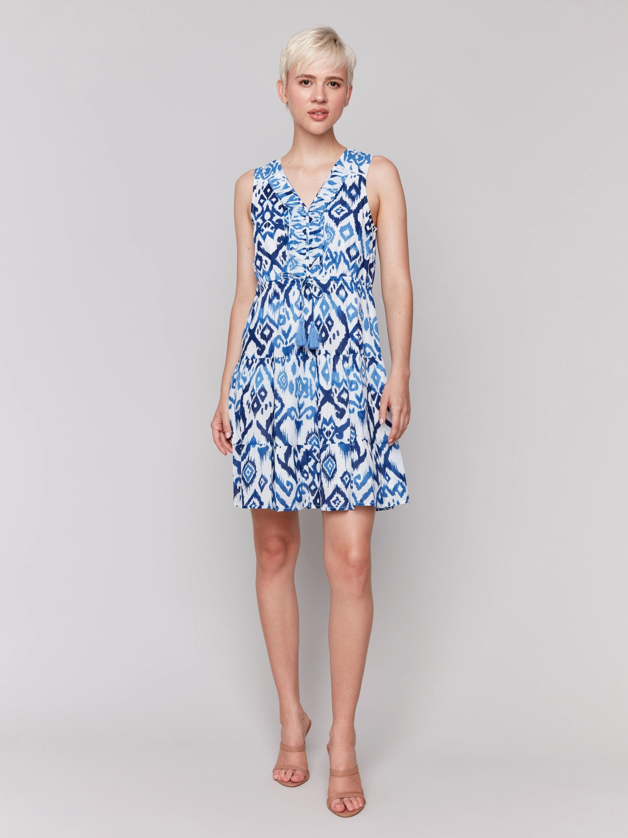 Printed Sleeveless Cotton Ruffle Dress - Ikat