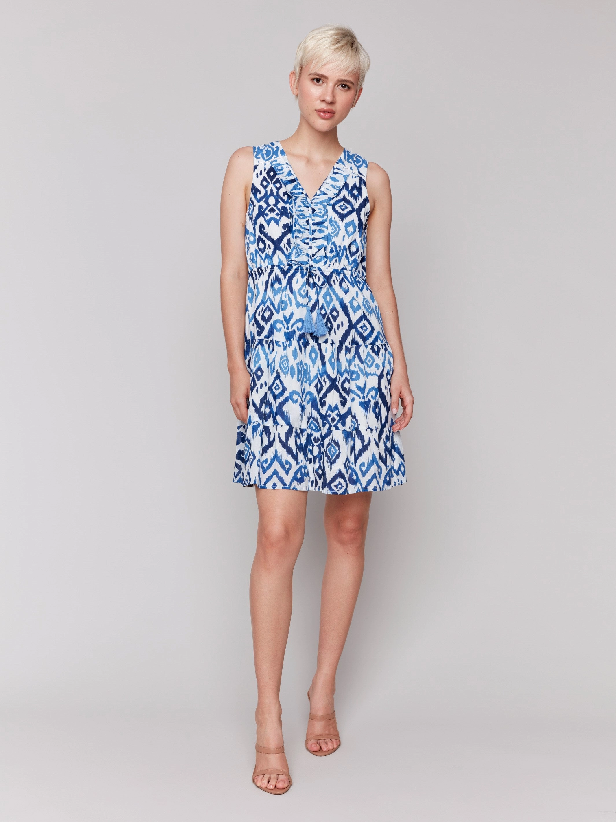 Printed Sleeveless Cotton Ruffle Dress - Ikat