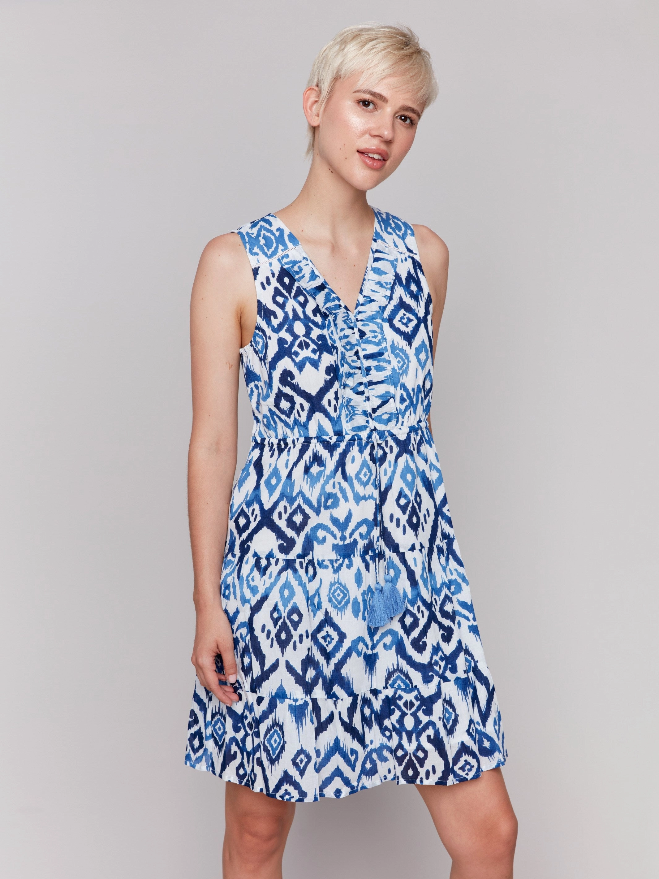 Printed Sleeveless Cotton Ruffle Dress - Ikat