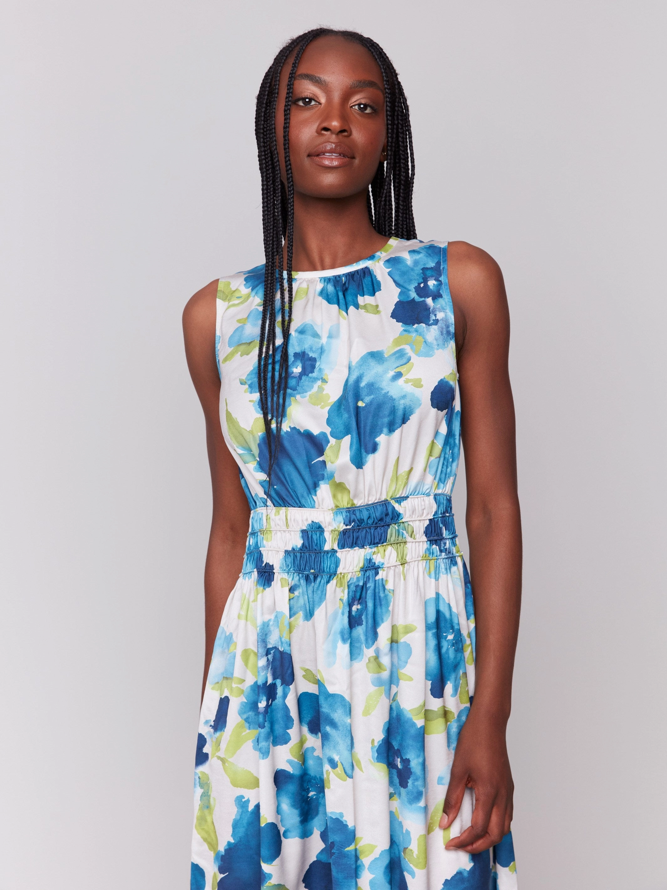 Printed Sleeveless Flowy Satin Dress - Lime