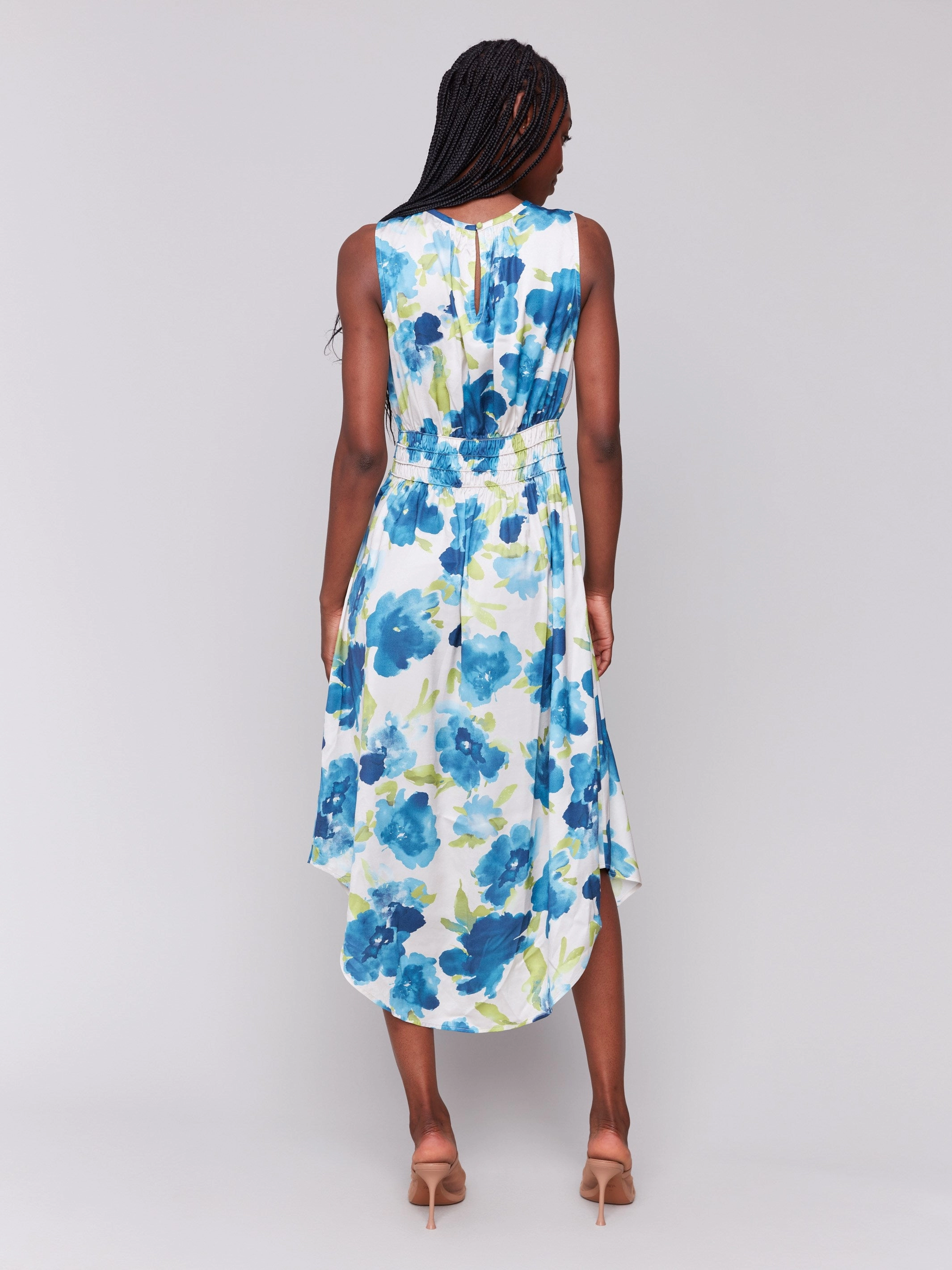 Printed Sleeveless Flowy Satin Dress - Lime