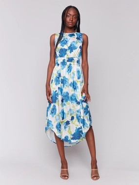 Printed Sleeveless Flowy Satin Dress - Lime